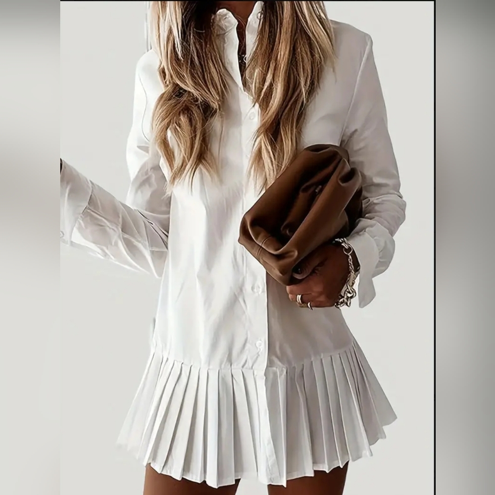 Amazing pleated shirtdress drop waist button down front. Crisp white.